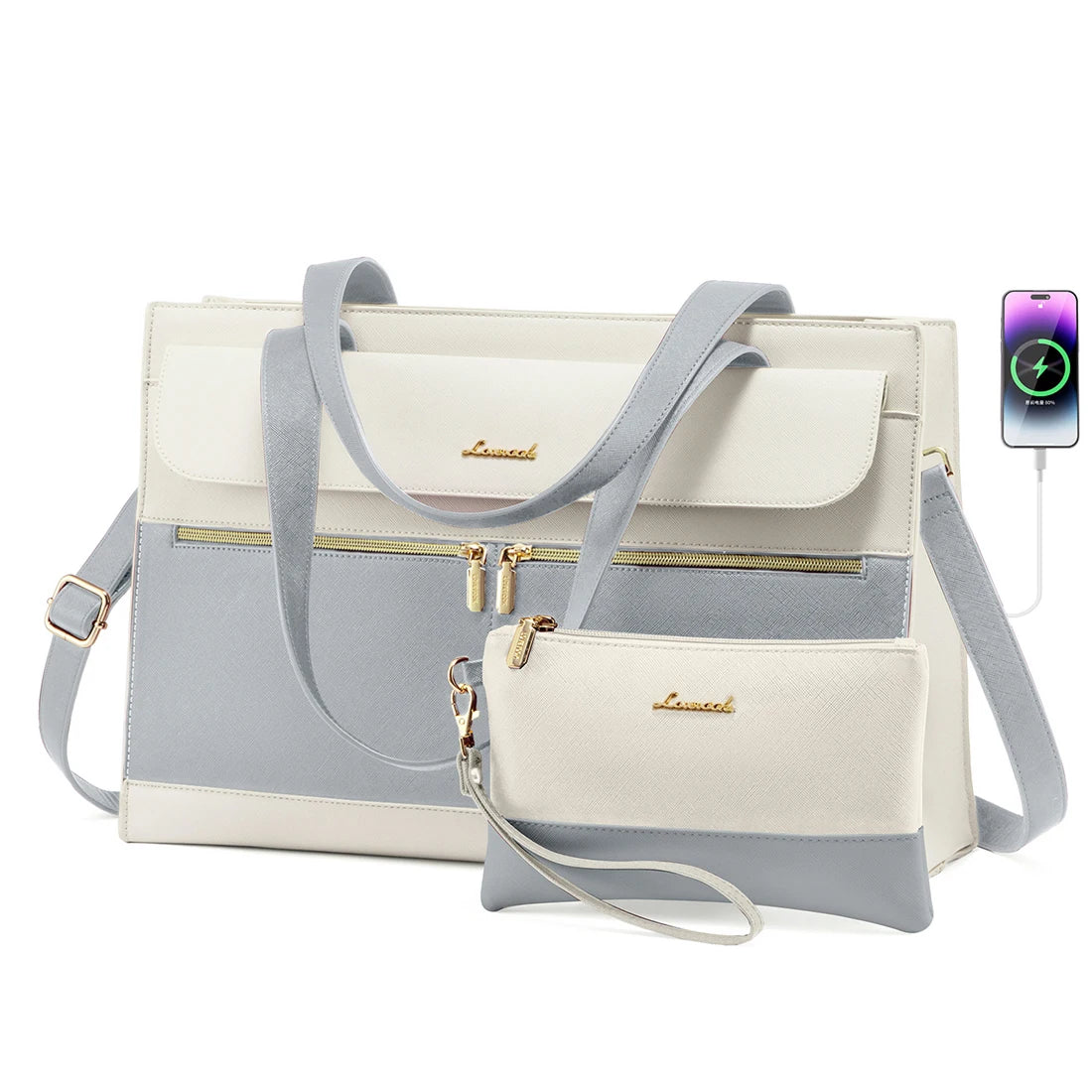 JMT-032586 Fashion Leather Shoulder Bag Set for Women - Tote and Laptop Briefcase with USB Port