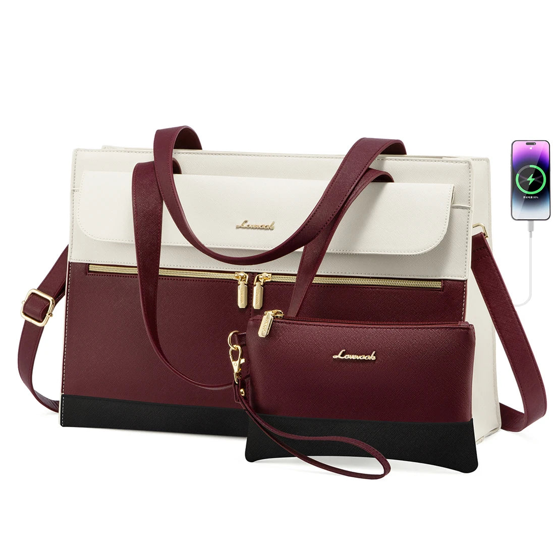 JMT-032586 Fashion Leather Shoulder Bag Set for Women - Tote and Laptop Briefcase with USB Port