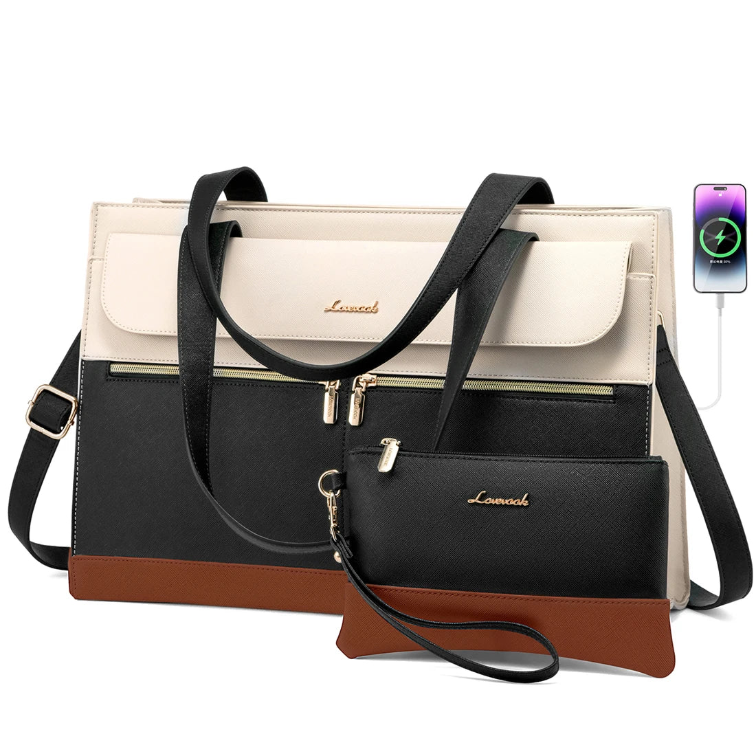 JMT-032586 Fashion Leather Shoulder Bag Set for Women - Tote and Laptop Briefcase with USB Port