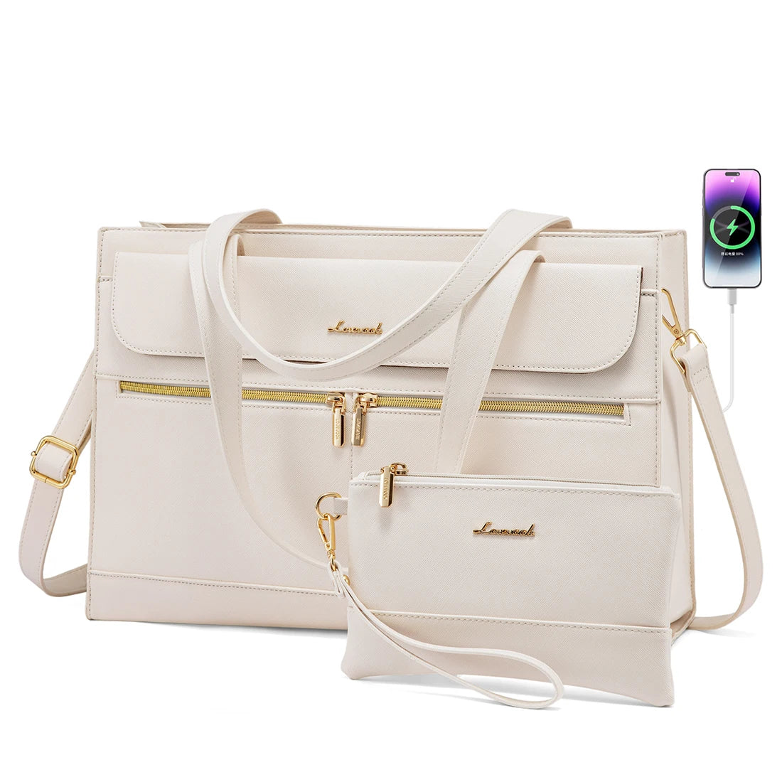 JMT-032586 Fashion Leather Shoulder Bag Set for Women - Tote and Laptop Briefcase with USB Port