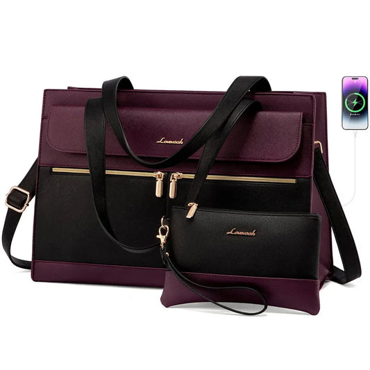 JMT-032586 Fashion Leather Shoulder Bag Set for Women - Tote and Laptop Briefcase with USB Port