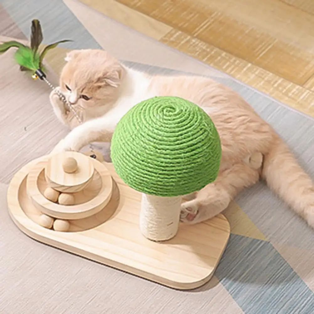 JMT-032842 Mushroom Cat Scratching Post with Turntable and Sisal Rope, Wooden Balls for Active Play and Claw Care