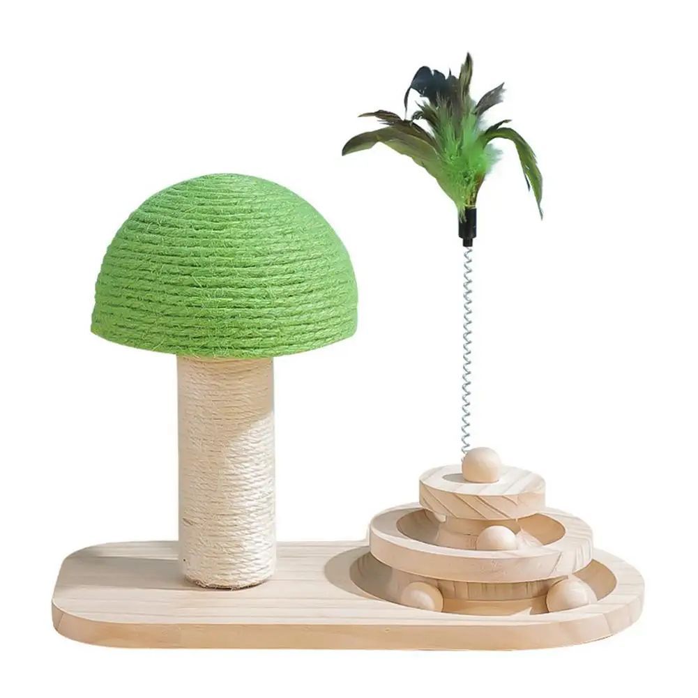 JMT-032842 Mushroom Cat Scratching Post with Turntable and Sisal Rope, Wooden Balls for Active Play and Claw Care