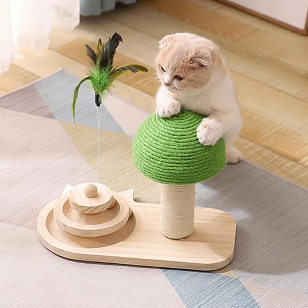 JMT-032842 Mushroom Cat Scratching Post with Turntable and Sisal Rope, Wooden Balls for Active Play and Claw Care