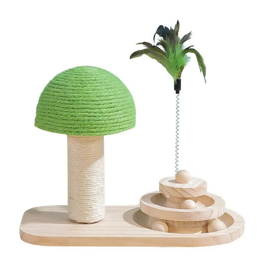 JMT-032842 Mushroom Cat Scratching Post with Turntable and Sisal Rope, Wooden Balls for Active Play and Claw Care