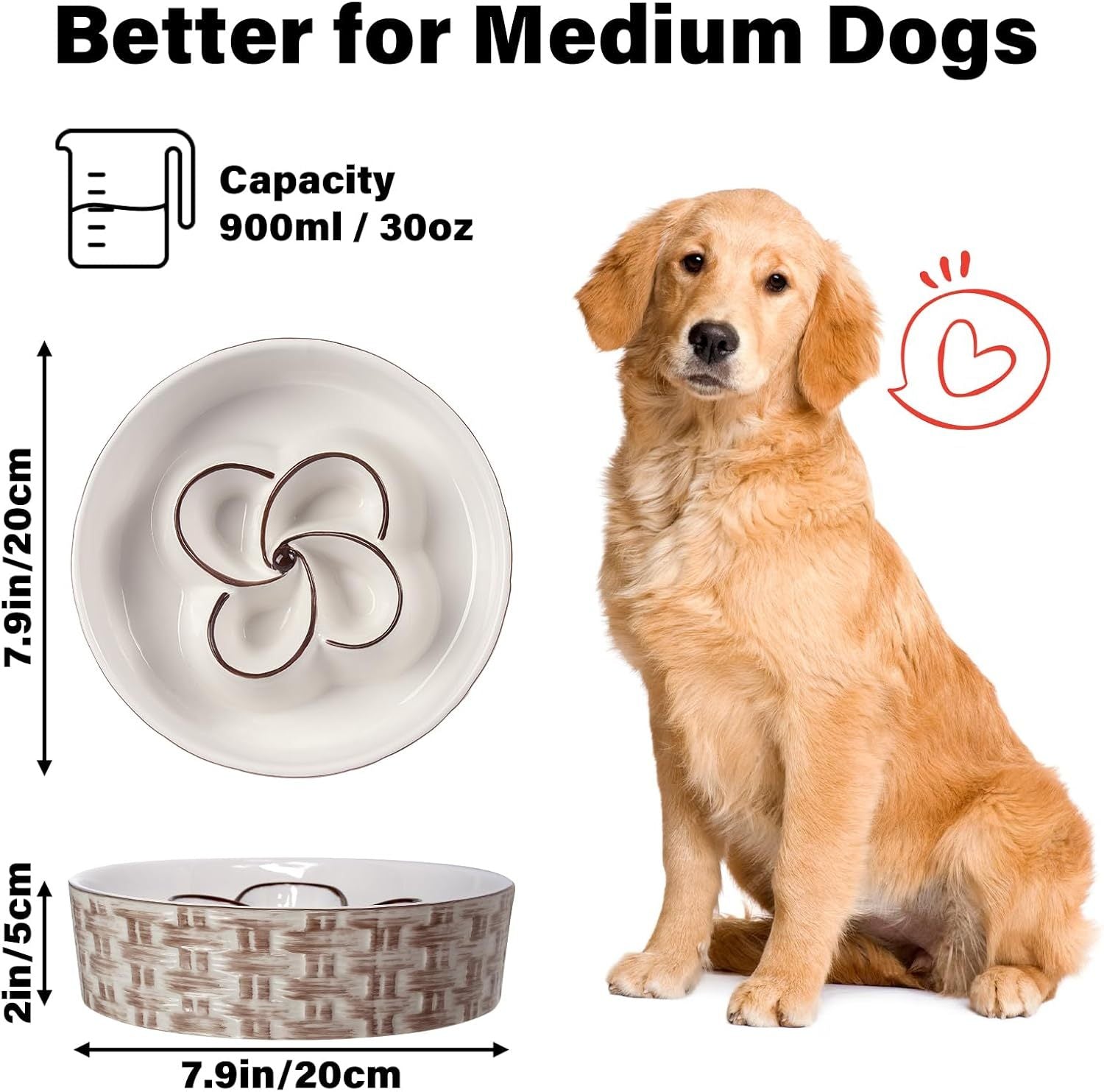 JMT-033034 Ceramic Slow Feeder Dog Bowl for Medium and Large Dogs - Non-Slip Design to Promote Slow Eating and Prevent Choking