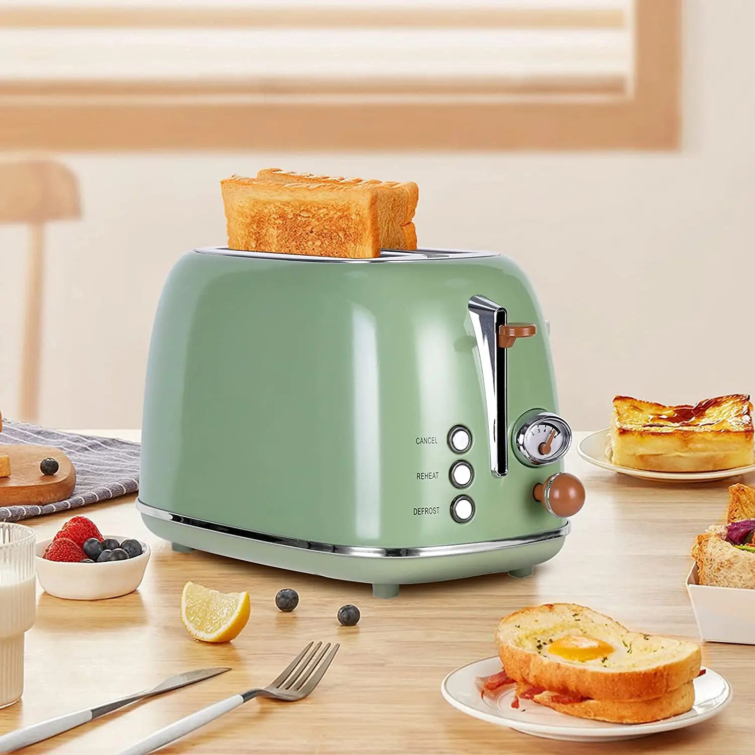 JMT-034826 Retro Stainless Steel Wide Slot Toaster for Bread and Waffles – 2 Slice Electric Toaster