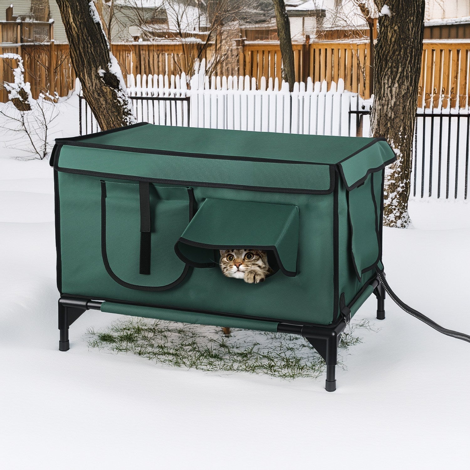 JMT-036170 Waterproof Heated Cat House with Insulated Shelter, Heating Pad, Anti-Chew Cord, 2 Doors & 3 Windows for Indoor/Outdoor Use