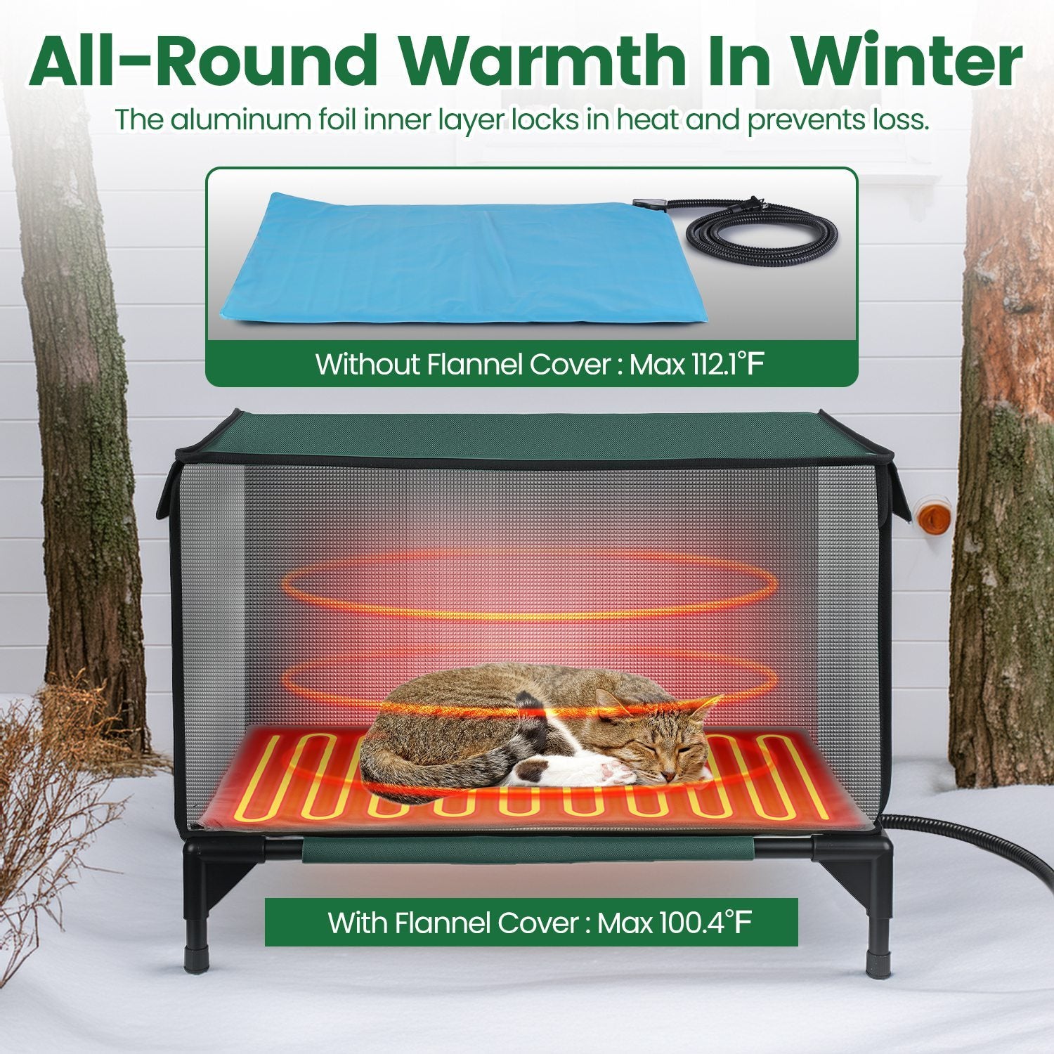 JMT-036170 Waterproof Heated Cat House with Insulated Shelter, Heating Pad, Anti-Chew Cord, 2 Doors & 3 Windows for Indoor/Outdoor Use