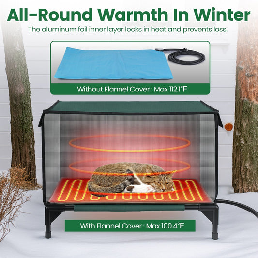 JMT-036170 Waterproof Heated Cat House with Insulated Shelter, Heating Pad, Anti-Chew Cord, 2 Doors & 3 Windows for Indoor/Outdoor Use