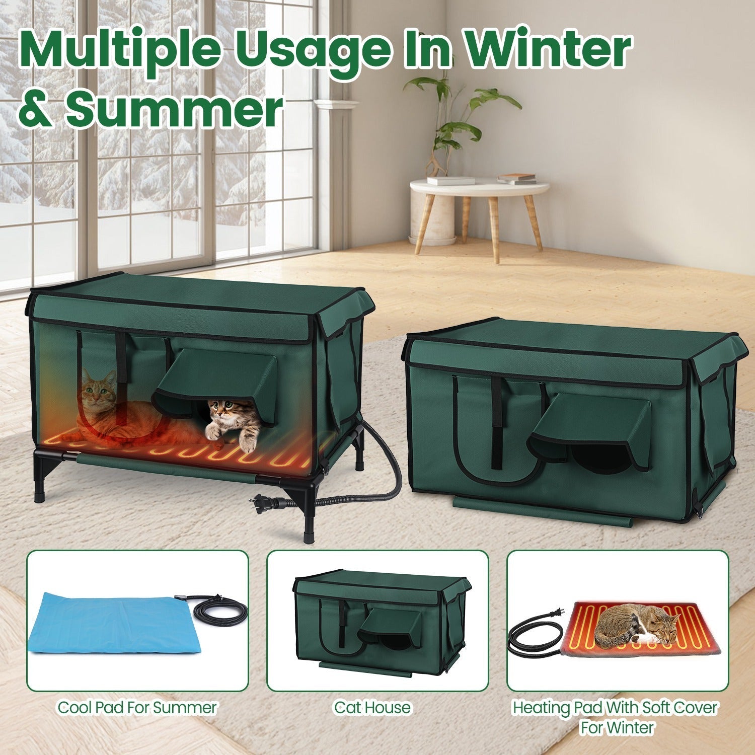 JMT-036170 Waterproof Heated Cat House with Insulated Shelter, Heating Pad, Anti-Chew Cord, 2 Doors & 3 Windows for Indoor/Outdoor Use