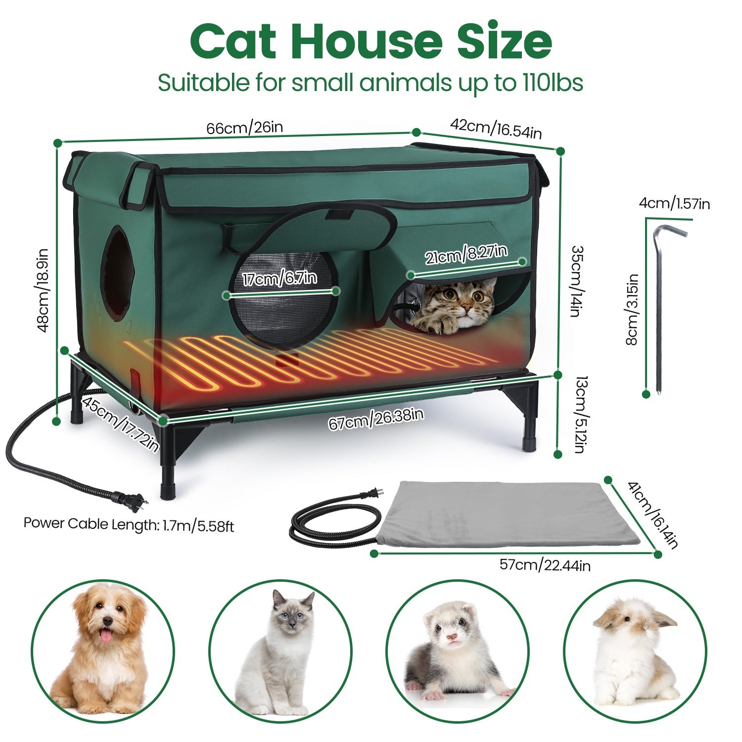 JMT-036170 Waterproof Heated Cat House with Insulated Shelter, Heating Pad, Anti-Chew Cord, 2 Doors & 3 Windows for Indoor/Outdoor Use
