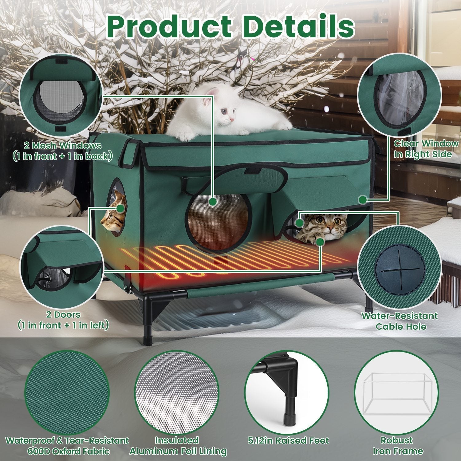 JMT-036170 Waterproof Heated Cat House with Insulated Shelter, Heating Pad, Anti-Chew Cord, 2 Doors & 3 Windows for Indoor/Outdoor Use