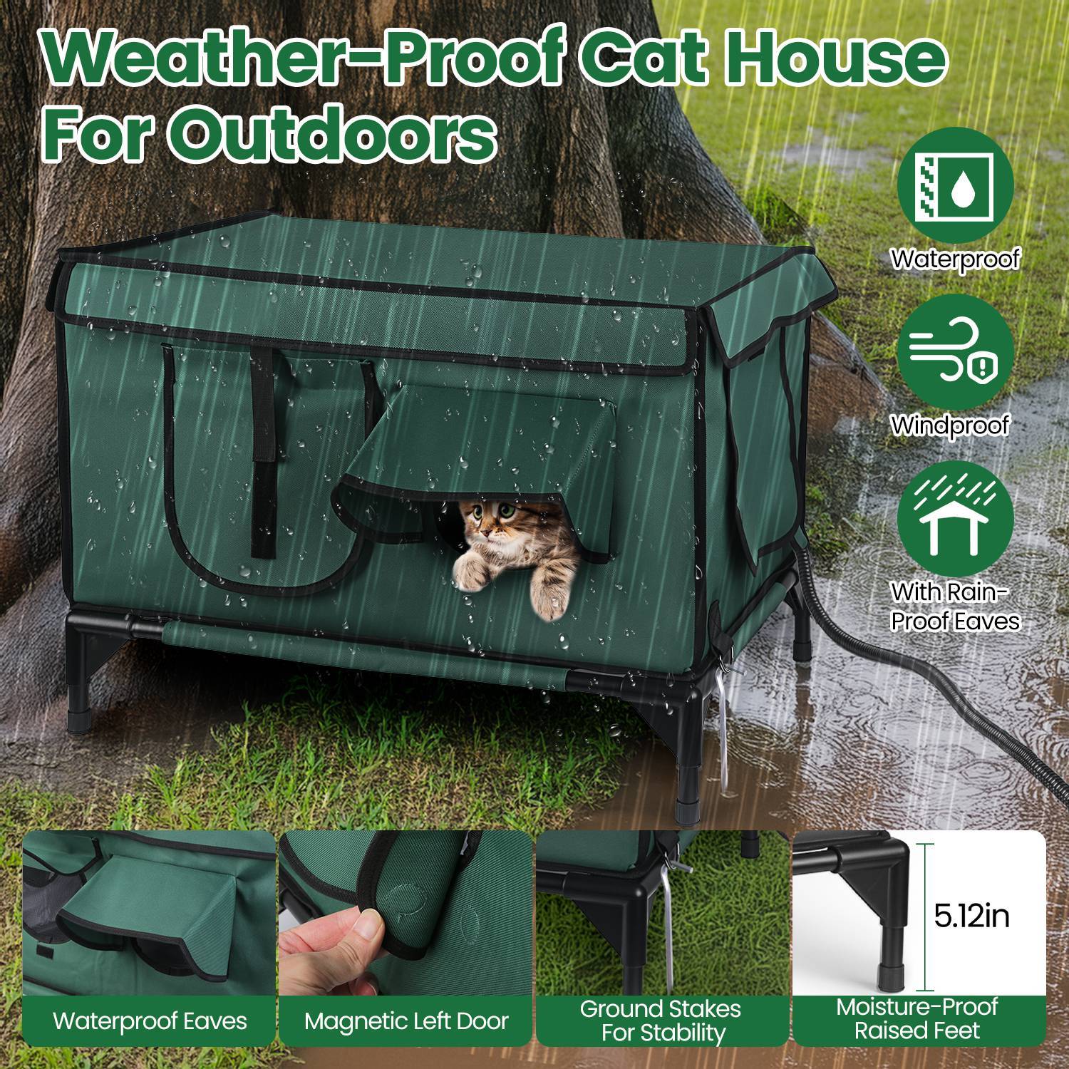 JMT-036170 Waterproof Heated Cat House with Insulated Shelter, Heating Pad, Anti-Chew Cord, 2 Doors & 3 Windows for Indoor/Outdoor Use