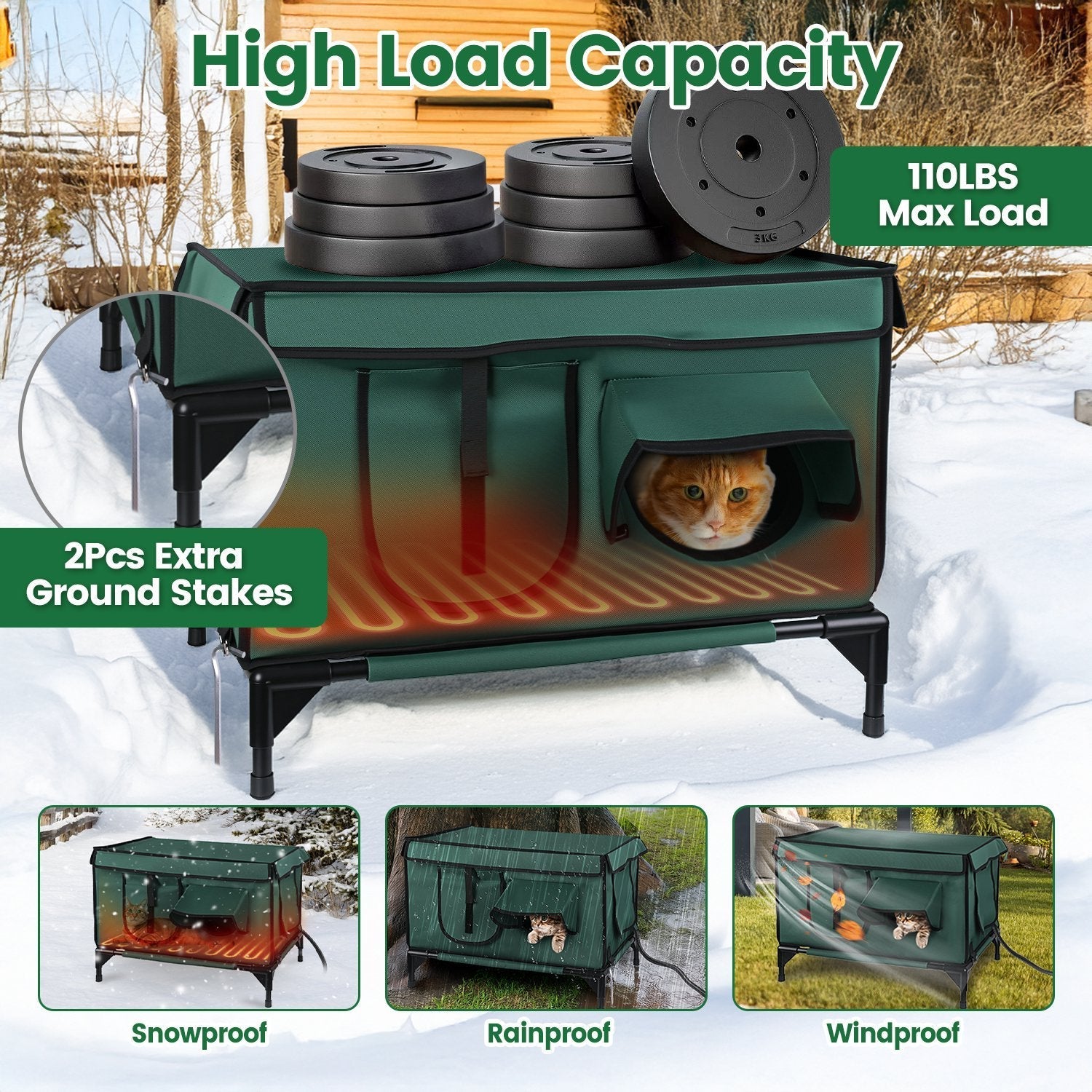 JMT-036170 Waterproof Heated Cat House with Insulated Shelter, Heating Pad, Anti-Chew Cord, 2 Doors & 3 Windows for Indoor/Outdoor Use