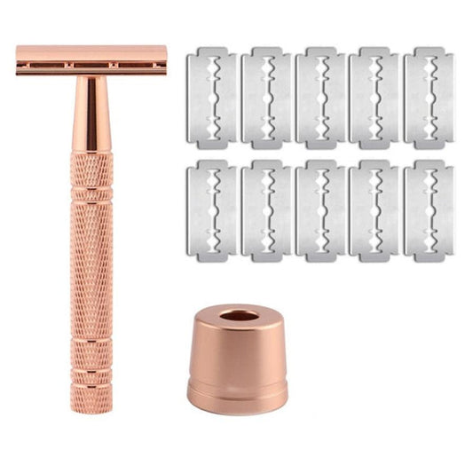 JMT-036554 Vintage Double-Sided Stainless Steel Razor with 10 Blades and Holder