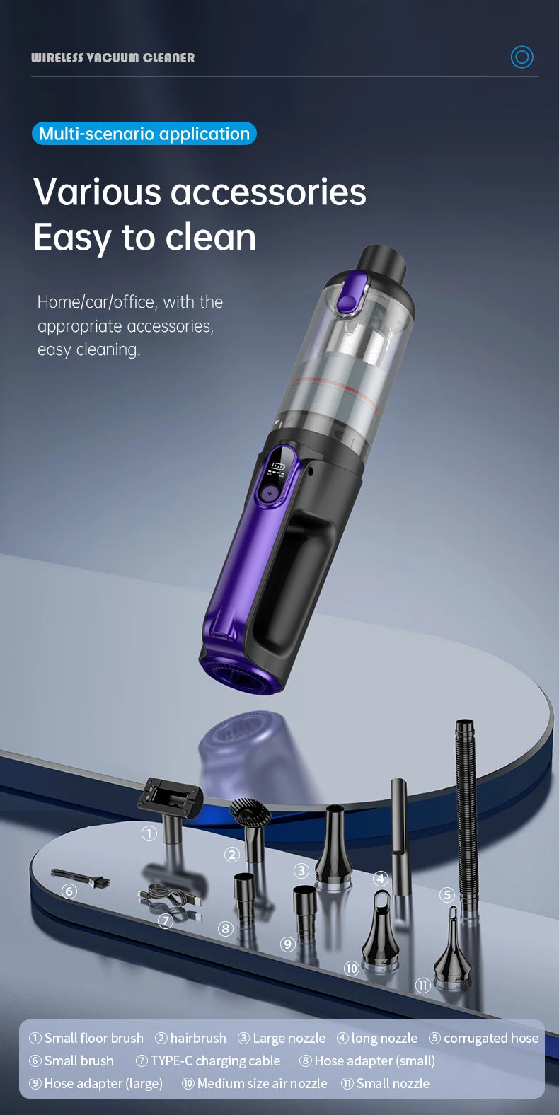 JMT-038922 High-Power Wireless Car Vacuum Cleaner with Digital Display and Tornado Cyclone Technology for Home and Automobile Use