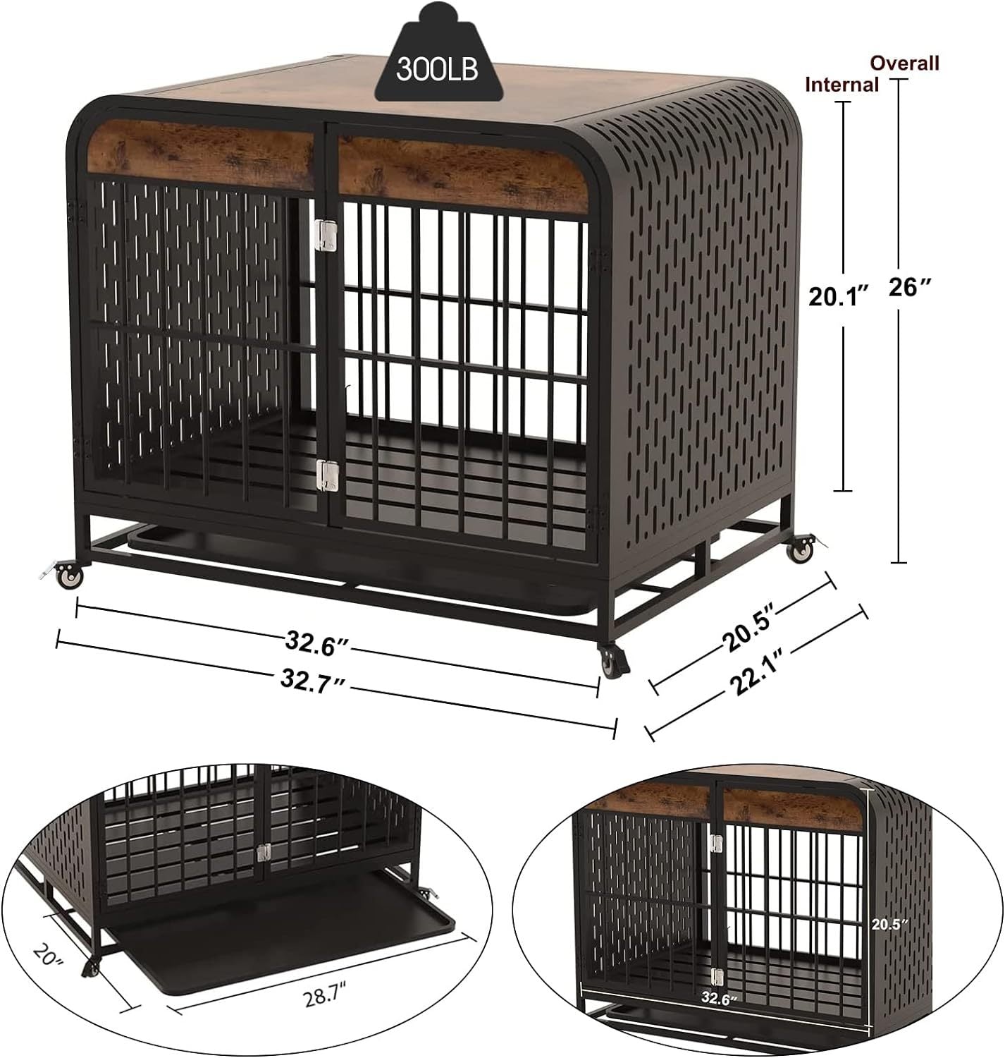 JMT-039626 Heavy Duty Wooden Dog Crate Table with Lockable Wheels and Removable Tray - 33 Inch Brown