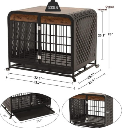 JMT-039626 Heavy Duty Wooden Dog Crate Table with Lockable Wheels and Removable Tray - 33 Inch Brown