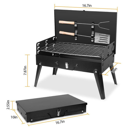 JMT-040650 Portable Charcoal Grill 16.7x10x17.7in Foldable BBQ Suitcase for Outdoor Camping and Picnics