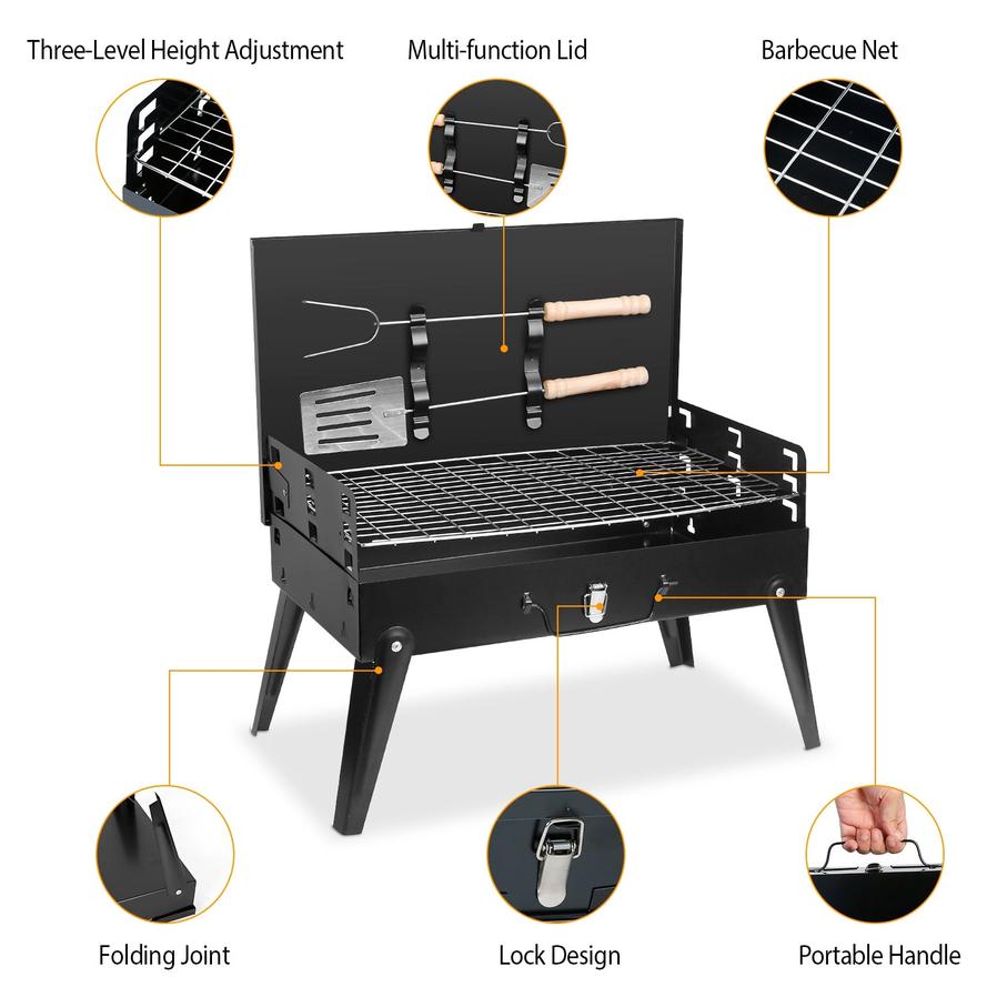 JMT-040650 Portable Charcoal Grill 16.7x10x17.7in Foldable BBQ Suitcase for Outdoor Camping and Picnics