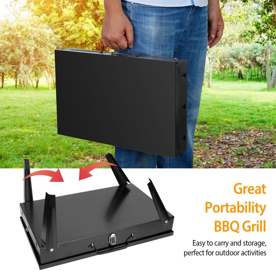 JMT-040650 Portable Charcoal Grill 16.7x10x17.7in Foldable BBQ Suitcase for Outdoor Camping and Picnics
