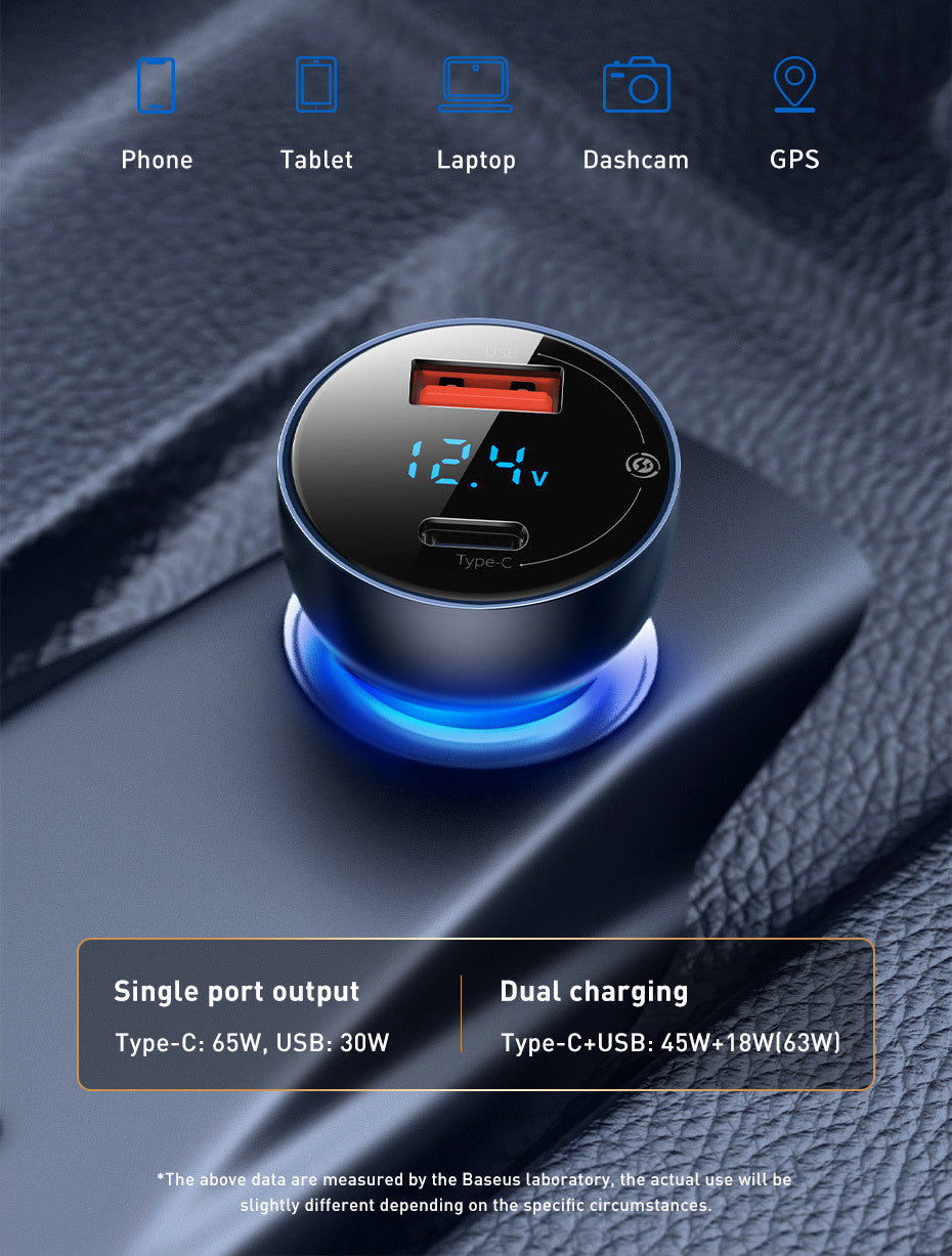 JMT-041610 65W Dual Port Fast Charge Car Charger with Digital Display and Translucent Design