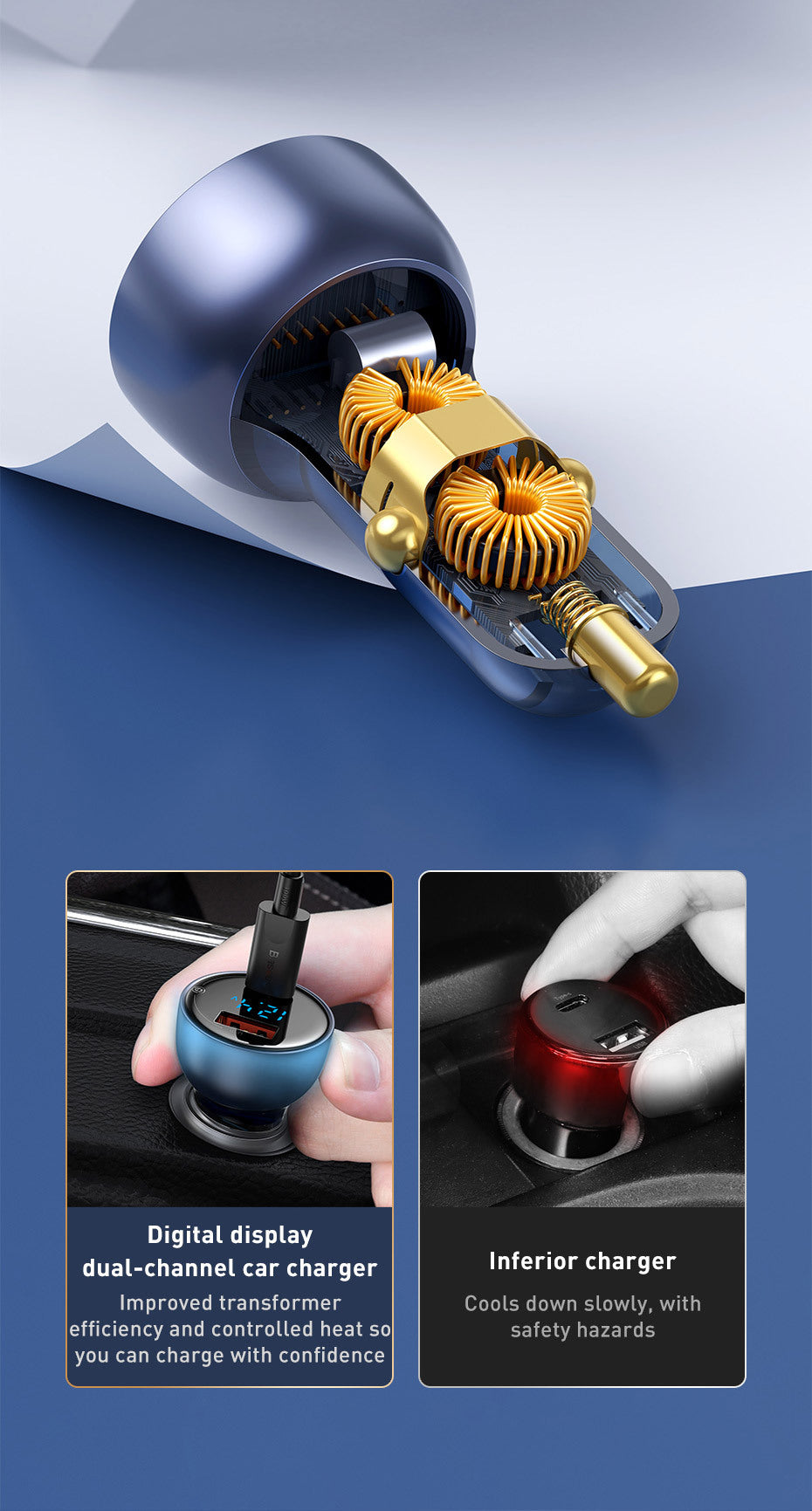 JMT-041610 65W Dual Port Fast Charge Car Charger with Digital Display and Translucent Design