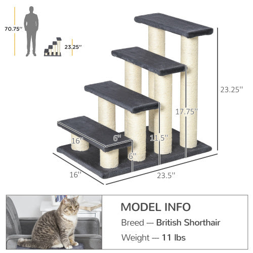 JMT-041930 Cat Tree with 4 Steps for High Beds and Couches, Stair-Shaped Design for Indoor Cats and Small Dogs with Sisal Scratching Post, Gray