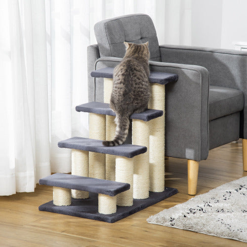 JMT-041930 Cat Tree with 4 Steps for High Beds and Couches, Stair-Shaped Design for Indoor Cats and Small Dogs with Sisal Scratching Post, Gray