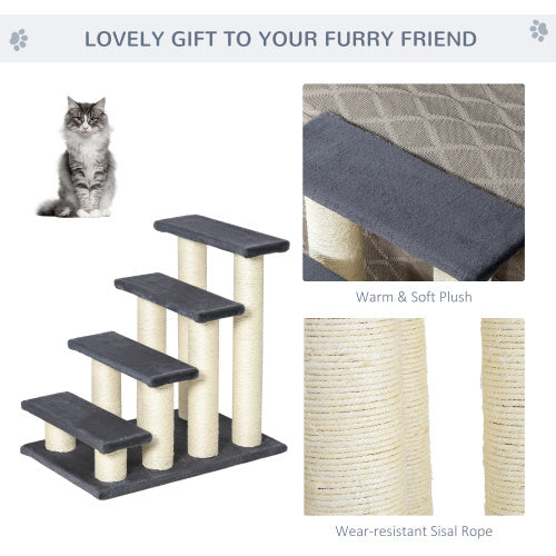 JMT-041930 Cat Tree with 4 Steps for High Beds and Couches, Stair-Shaped Design for Indoor Cats and Small Dogs with Sisal Scratching Post, Gray
