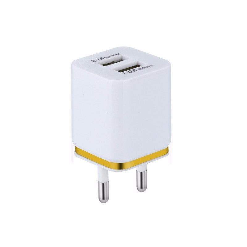 JMT-042250 Dual USB Mobile Phone Charger - Electroplating in Gold, Silver, Orange, Blue, or Purple, 5V 2.1A Output with Short-Circuit Protection