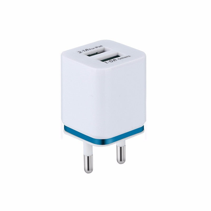 JMT-042250 Dual USB Mobile Phone Charger - Electroplating in Gold, Silver, Orange, Blue, or Purple, 5V 2.1A Output with Short-Circuit Protection
