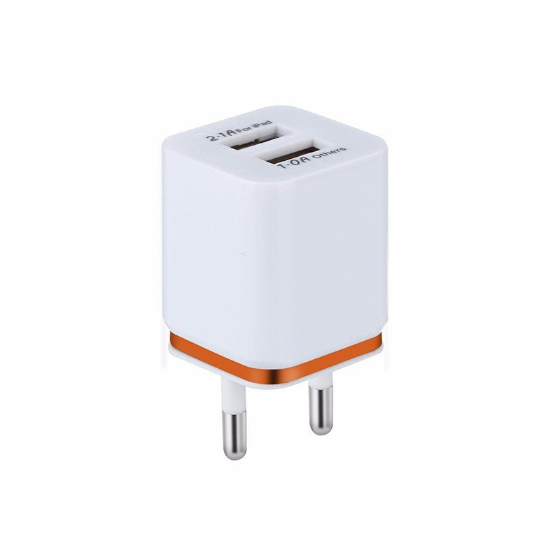 JMT-042250 Dual USB Mobile Phone Charger - Electroplating in Gold, Silver, Orange, Blue, or Purple, 5V 2.1A Output with Short-Circuit Protection