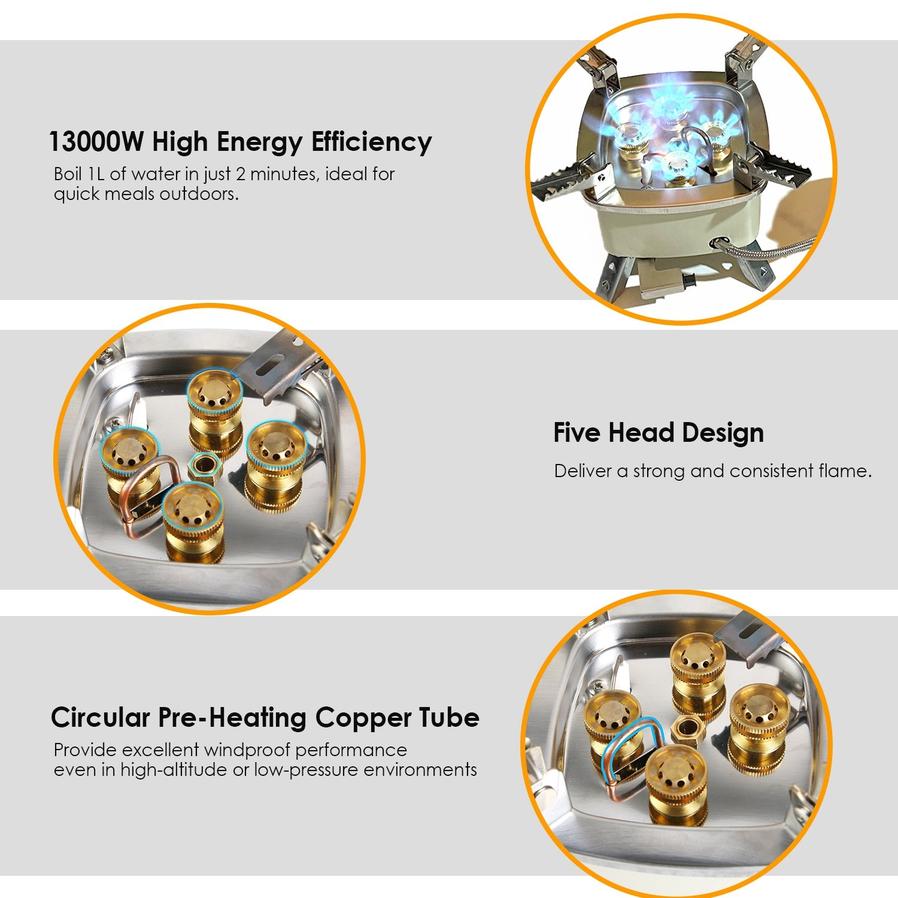 JMT-044106 13000W Portable Camping Stove with Five-Burner Design and Piezo Ignition for Outdoor Cooking