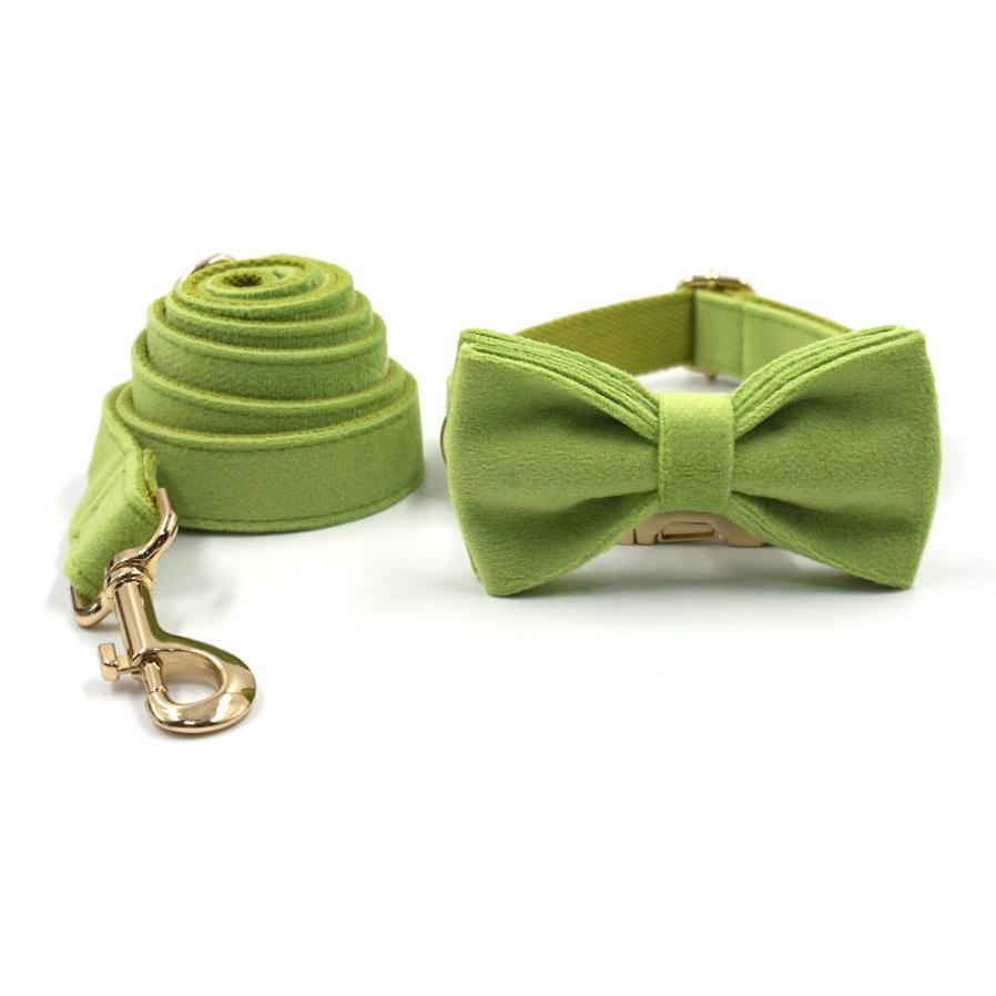 JMT-044874 Matcha Green Velvet Dog Collar with Gold Buckle and Bow, Multiple Sizes Available