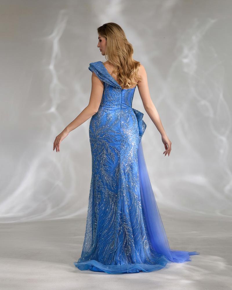 JMT-045450 Elegant Blue Off-Shoulder Evening Dress for Women - Perfect for Formal Occasions