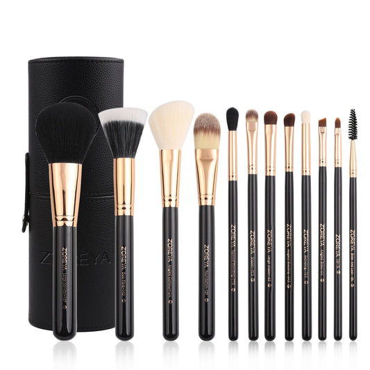 JMT-045642 12-Piece Synthetic Hair Makeup Brush Set with Aluminum and Wooden Handles, Available in Black, Pink, and White