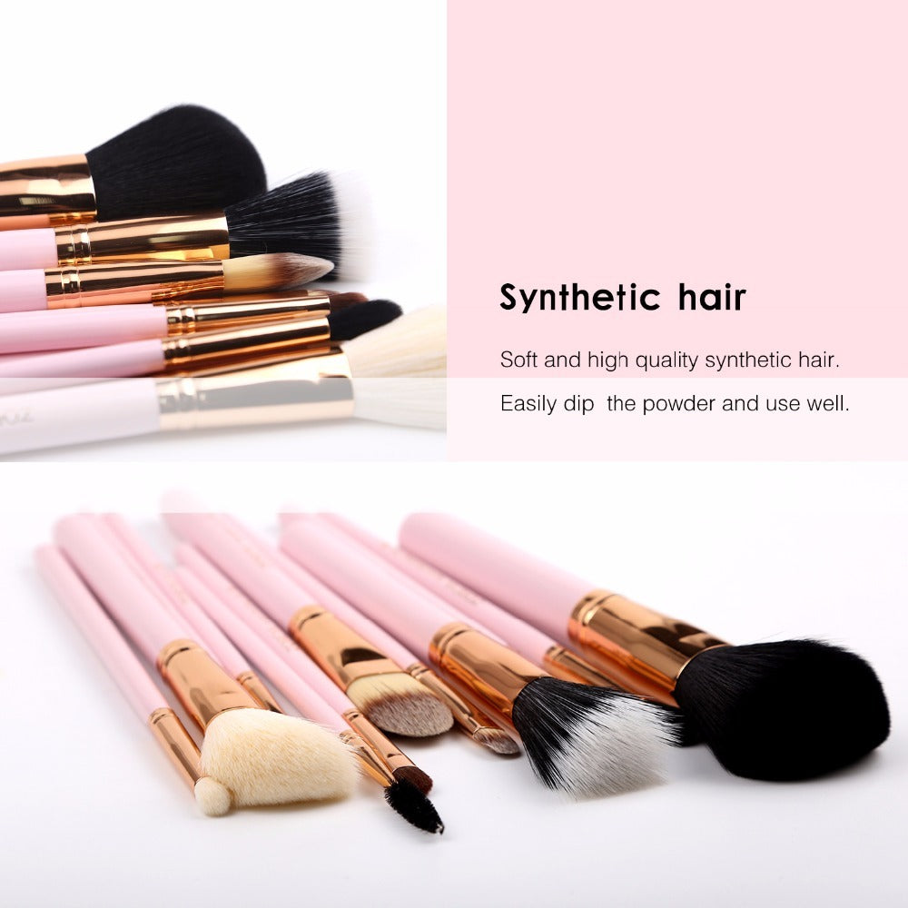 JMT-045642 12-Piece Synthetic Hair Makeup Brush Set with Aluminum and Wooden Handles, Available in Black, Pink, and White