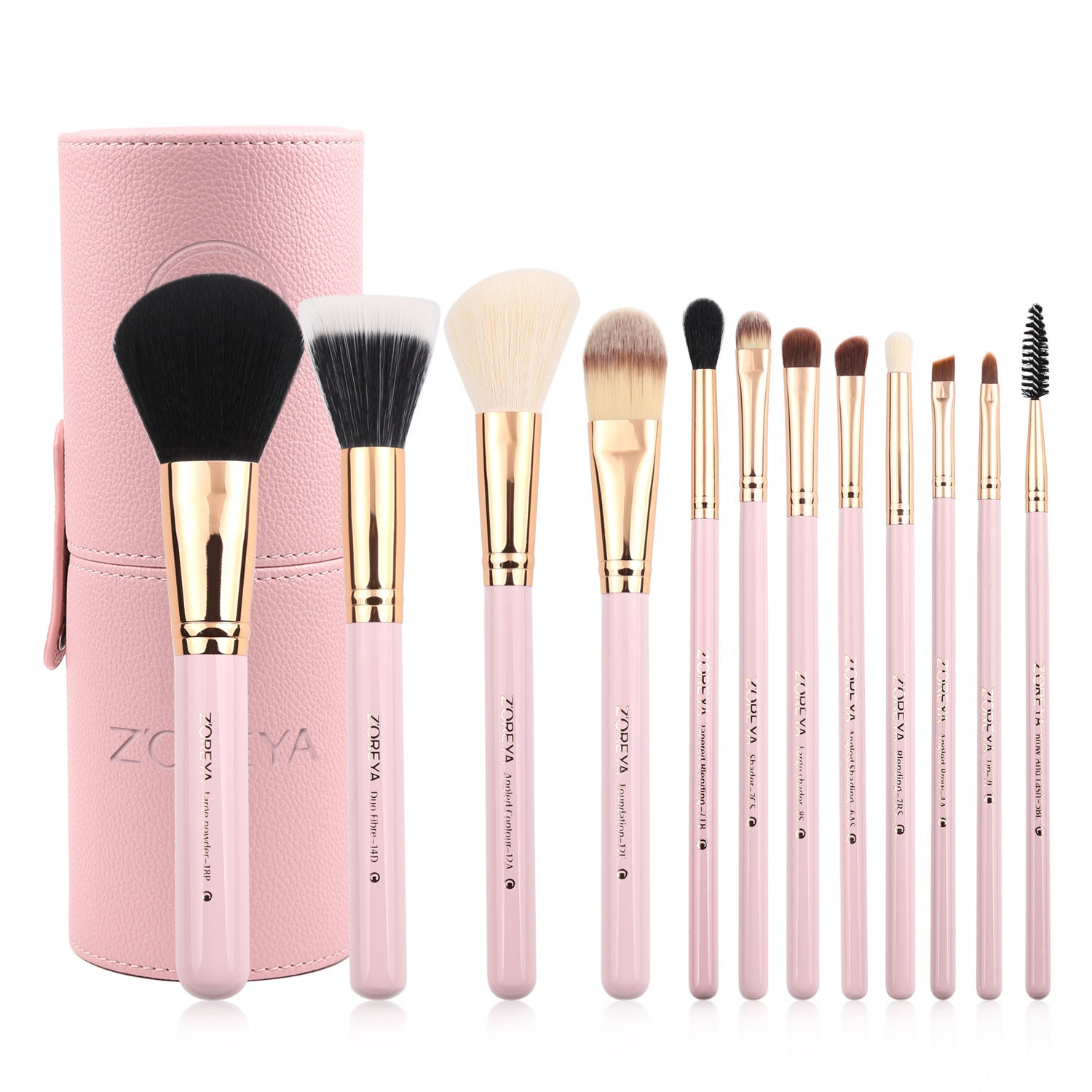 JMT-045642 12-Piece Synthetic Hair Makeup Brush Set with Aluminum and Wooden Handles, Available in Black, Pink, and White
