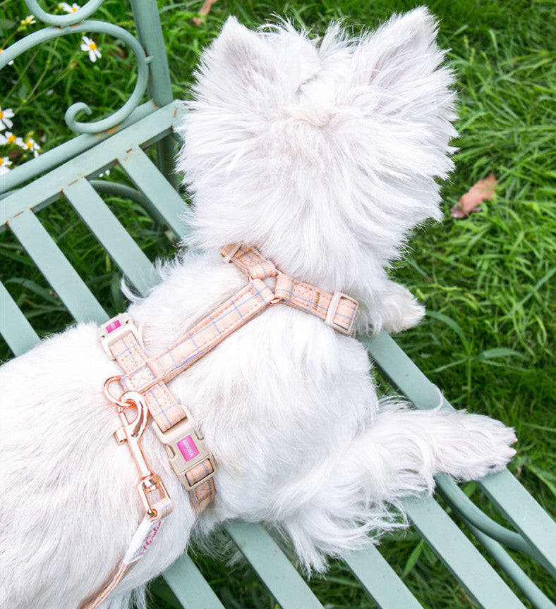 JMT-046858 Fashionable Pet Chest Back and Collar Set with Lattice Design - Available in Plaid Orange and Matcha Green