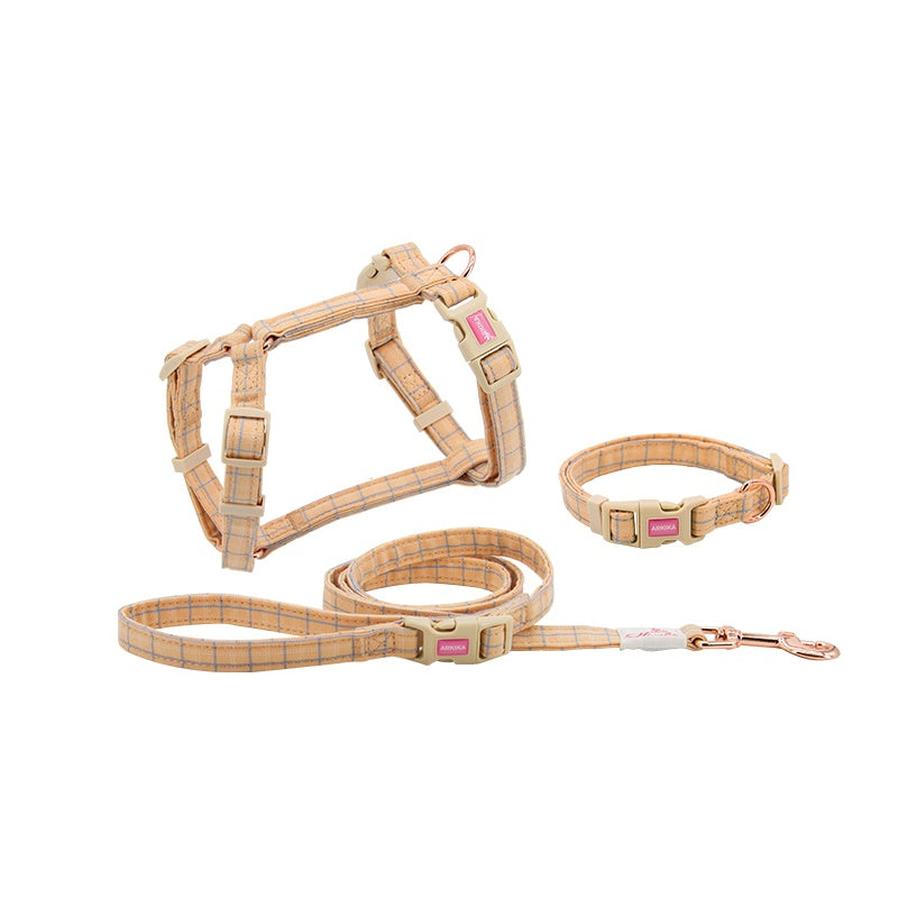 JMT-046858 Fashionable Pet Chest Back and Collar Set with Lattice Design - Available in Plaid Orange and Matcha Green