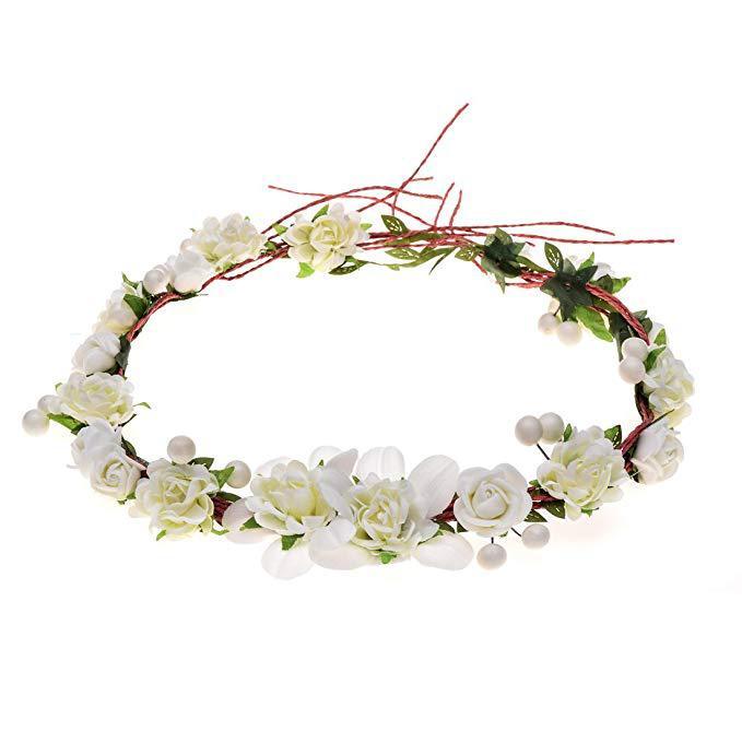 JMT-050506 Floral Cloth Paper Rope Garland Headband with Simulation Roses for Weddings