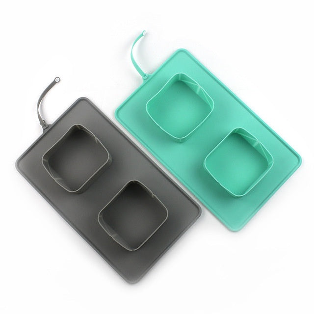 JMT-051146 Foldable Silicone Pet Bowl for Dogs and Cats - Mint Green & Gray, Dual Compartment Design, Easy to Clean, Portable & Travel Friendly