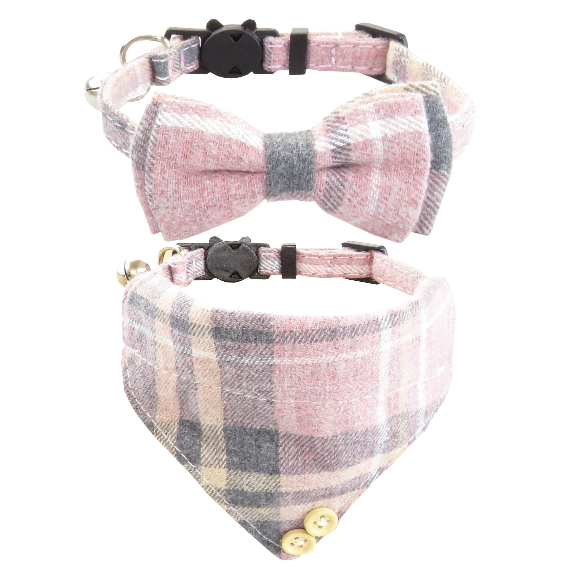 JMT-052938 Adjustable Plaid Cat Collar with Bow Tie and Bandana Scarf - Breakaway Design for Comfort and Safety