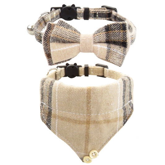 JMT-052938 Adjustable Plaid Cat Collar with Bow Tie and Bandana Scarf - Breakaway Design for Comfort and Safety