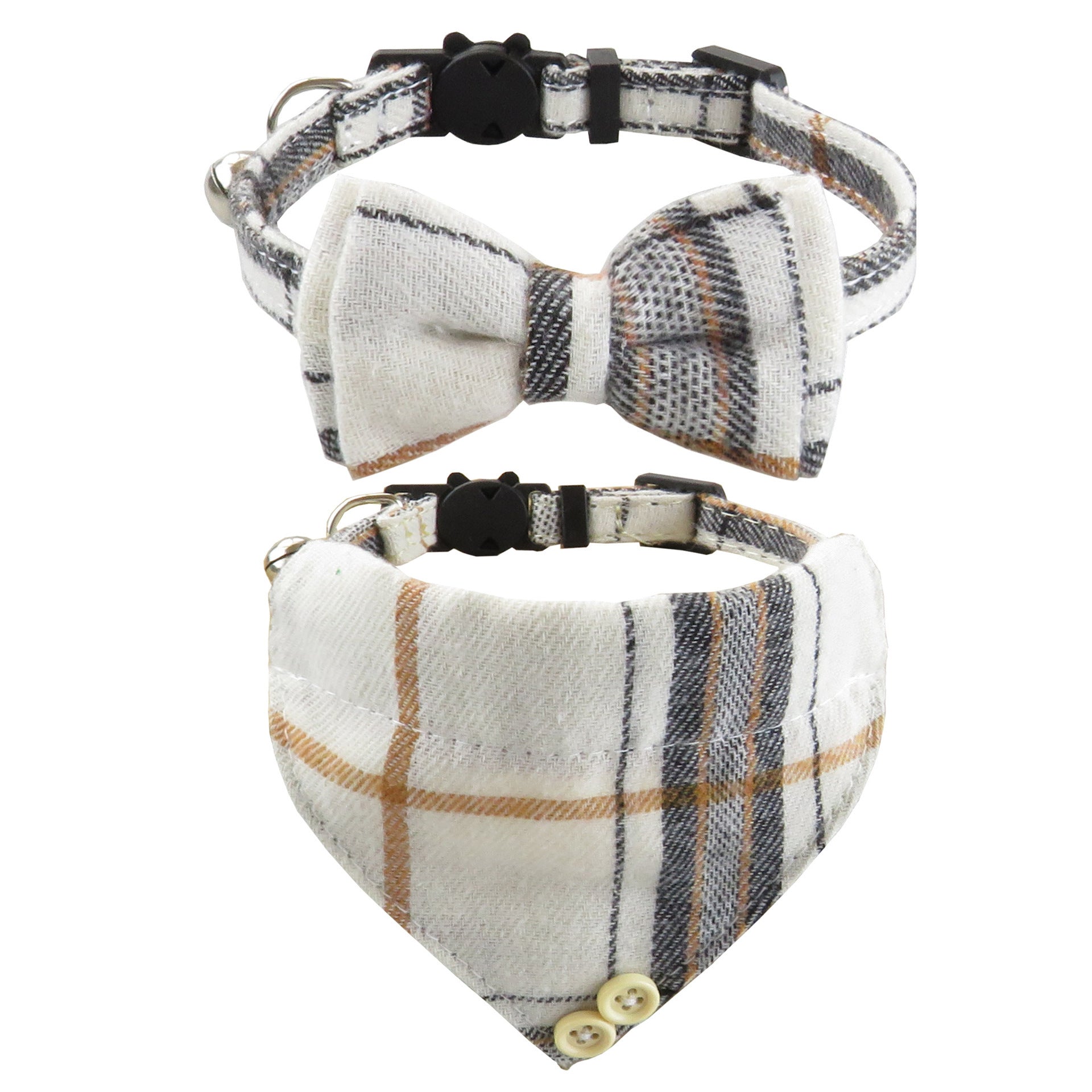 JMT-052938 Adjustable Plaid Cat Collar with Bow Tie and Bandana Scarf - Breakaway Design for Comfort and Safety