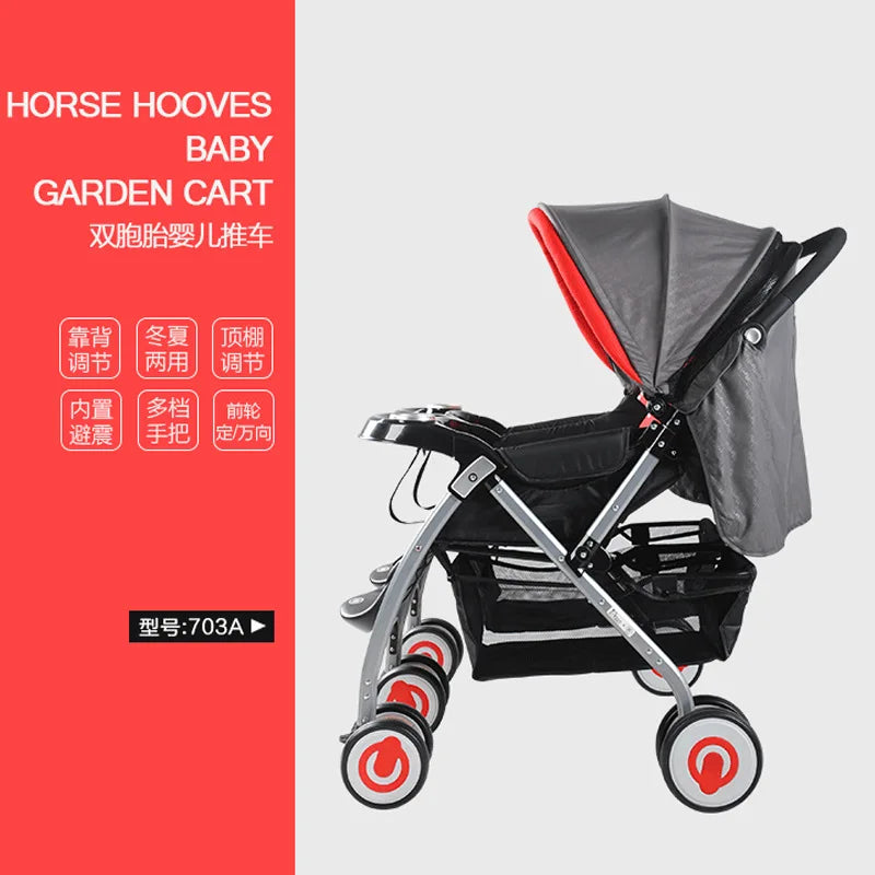 JMT-053450 Double Seat Twins Stroller - Side by Side Baby Pram with Adjustable Canopy and Safety Features