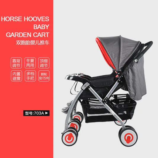 JMT-053450 Double Seat Twins Stroller - Side by Side Baby Pram with Adjustable Canopy and Safety Features