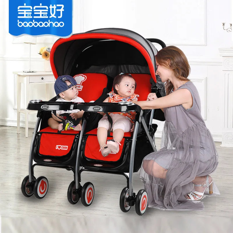 JMT-053450 Double Seat Twins Stroller - Side by Side Baby Pram with Adjustable Canopy and Safety Features